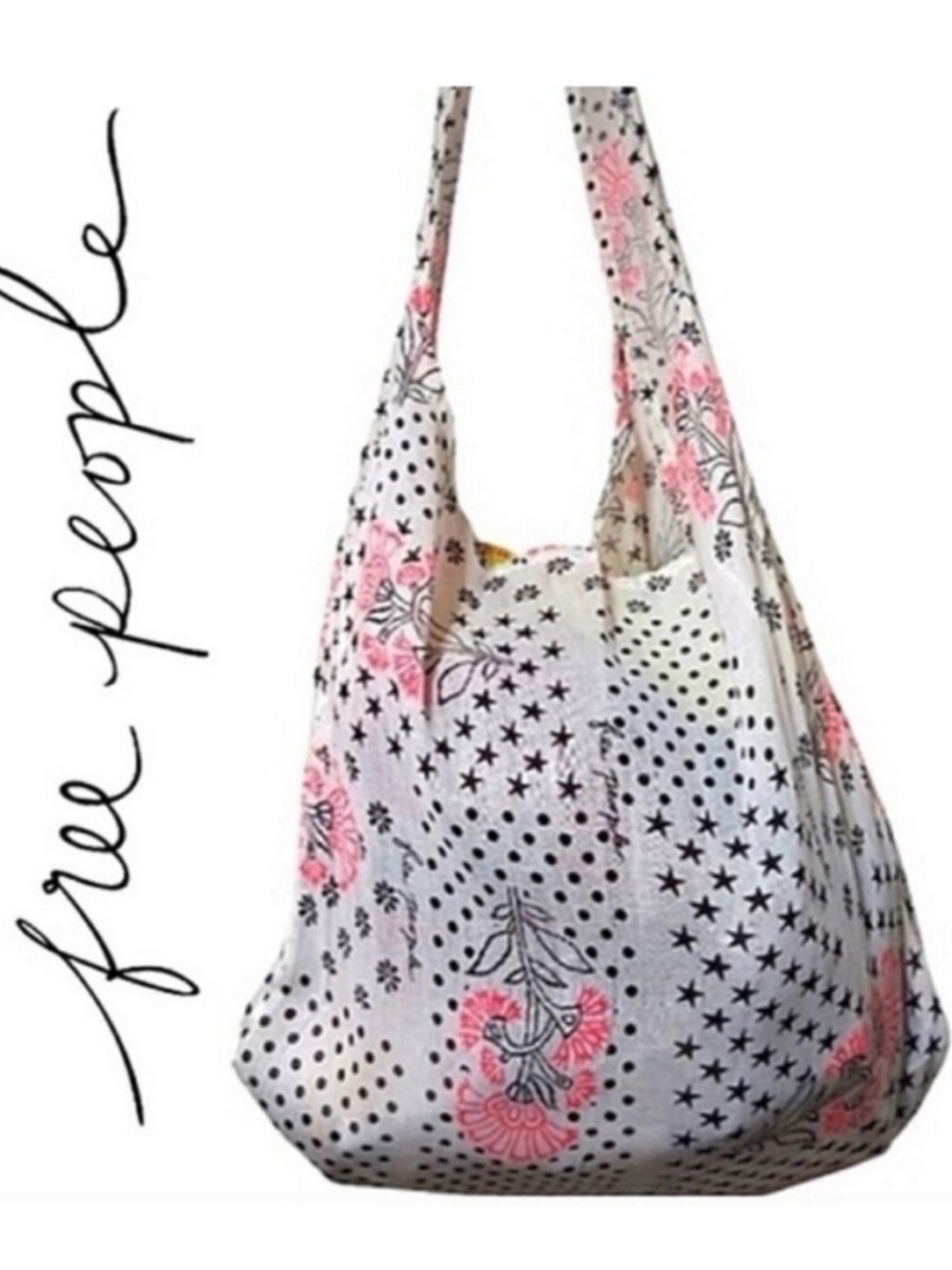 Free People Pink Black White Floral Dot Stars Reusable Gauze Tote Bag
